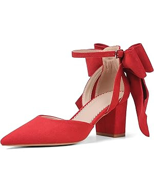 Women's Black Pointed Toe Pumps Bow Ankle Strap Chunky High Heels Dress Wedding Shoes | Amazon (US)