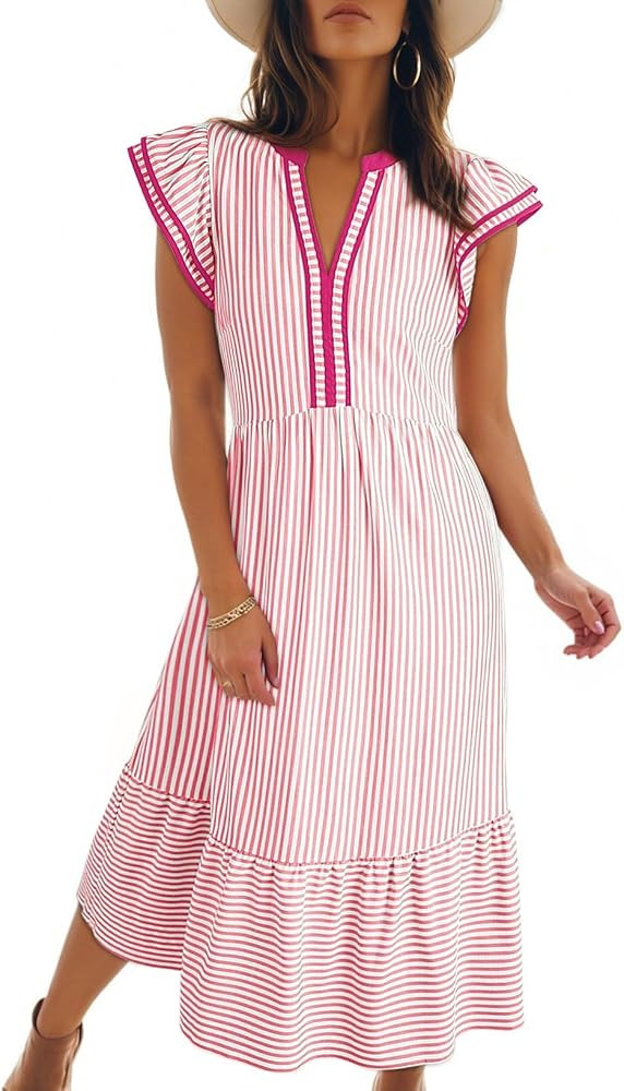 Dokotoo Womens Dresses 2026 Summer V-Neck Ruffle Cap Sleeve Empire Waist Flowy Striped Beach Midi... | Amazon (US)