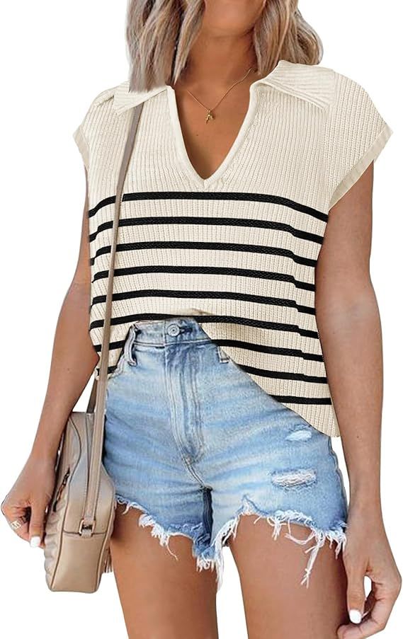 Womens Cap Sleeve Sweaters Tops 2024 Striped Sleeveless Vest Knit Tops Casual Summer Color Block ... | Amazon (US)