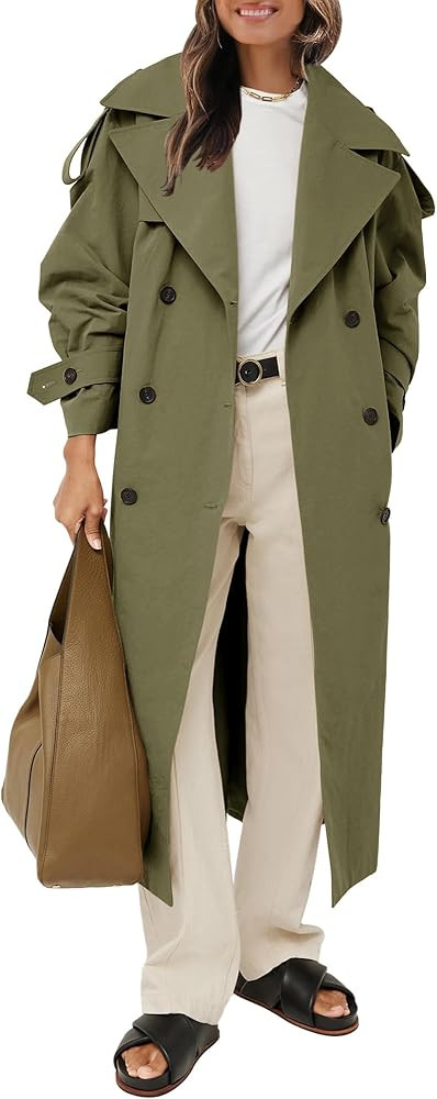 Farktop Womens Oversized Long Trench Coat Double Breasted Lapel Windproof Overcoat with Belt | Amazon (US)
