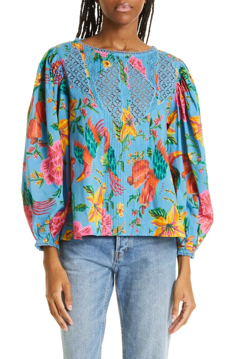 Toucans Lace Inset Balloon Sleeve Cotton Blouse | Nordstrom