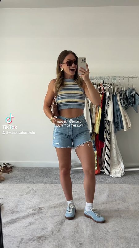 6/8/24 casual summer outfit 🫶🏼 denim shorts, denim shorts outfit, halter top, crochet halter top, puma sneakers, blue sneakers, summer fashion, summer fashion trends, summer outfit inspo 