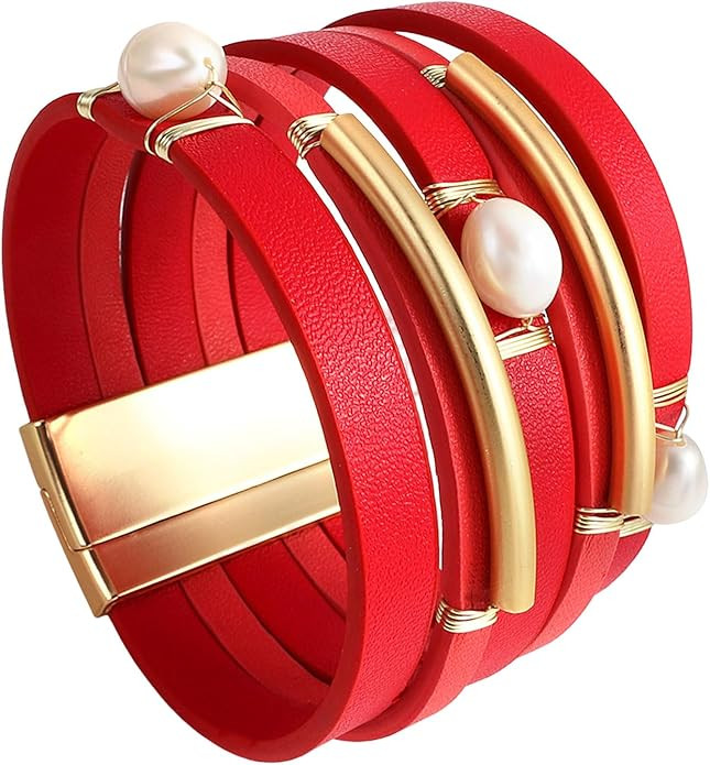 Baroque Natural Pearls Beaded Bracelets Boho Leather Wrap Bracelets for Women Gold Tube Charm Boh... | Amazon (US)