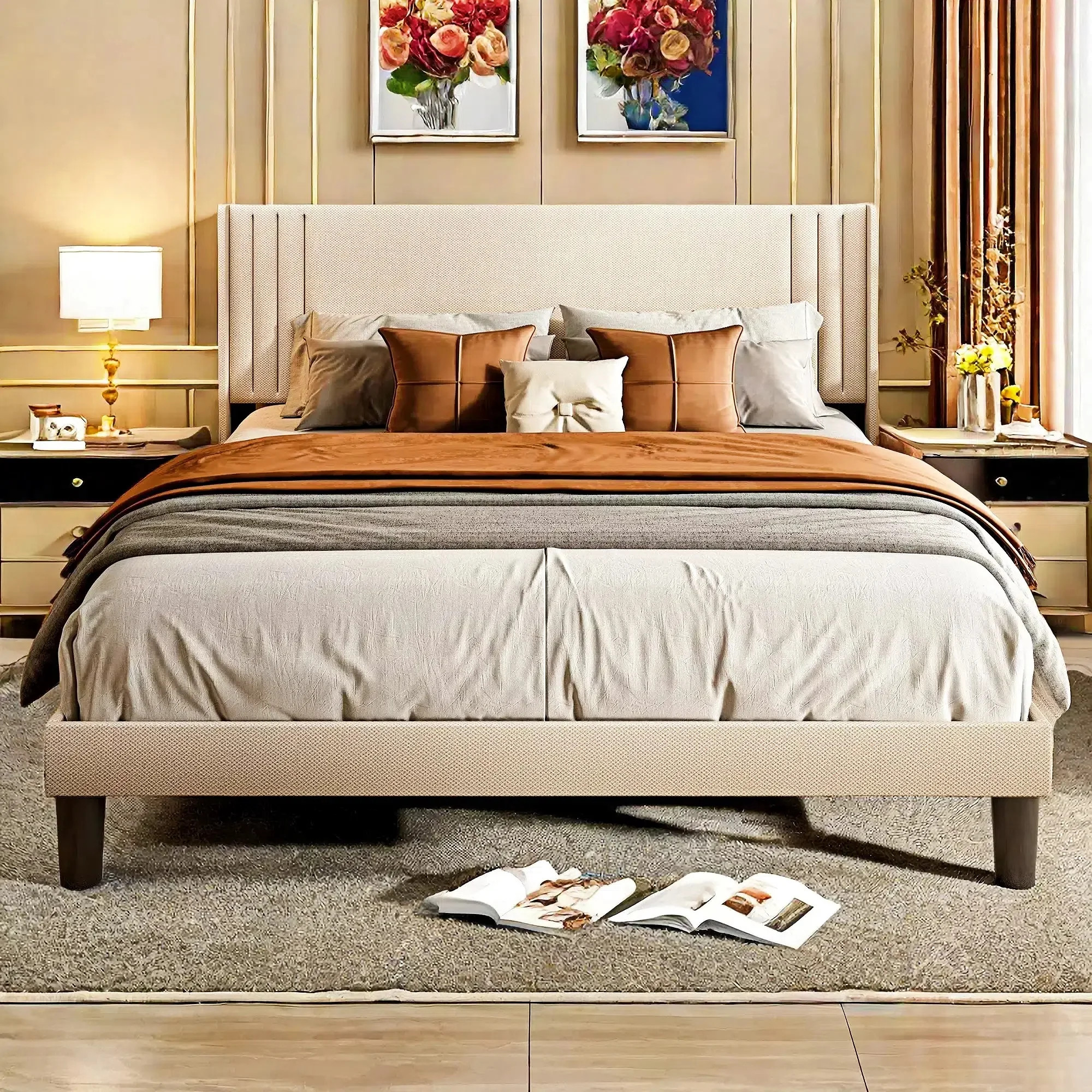 Lofka Queen Size Bed Frame with Wing Back Headboard and Under-bed Storage, Queen Platform Bed Fra... | Walmart (US)
