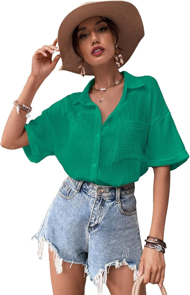 MakeMeChic Women's Textured Knit Oversized Button Down Shirt Short Sleeve Collared Blouse Shirt | Amazon (US)