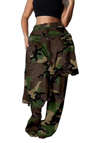 LETSVDO Camo Pants Women High Waisted Wide Leg Distressed Camouflage Jeans Baggy Y2k Cargo Denim Army Fatigue Sweatpants | Amazon (US)