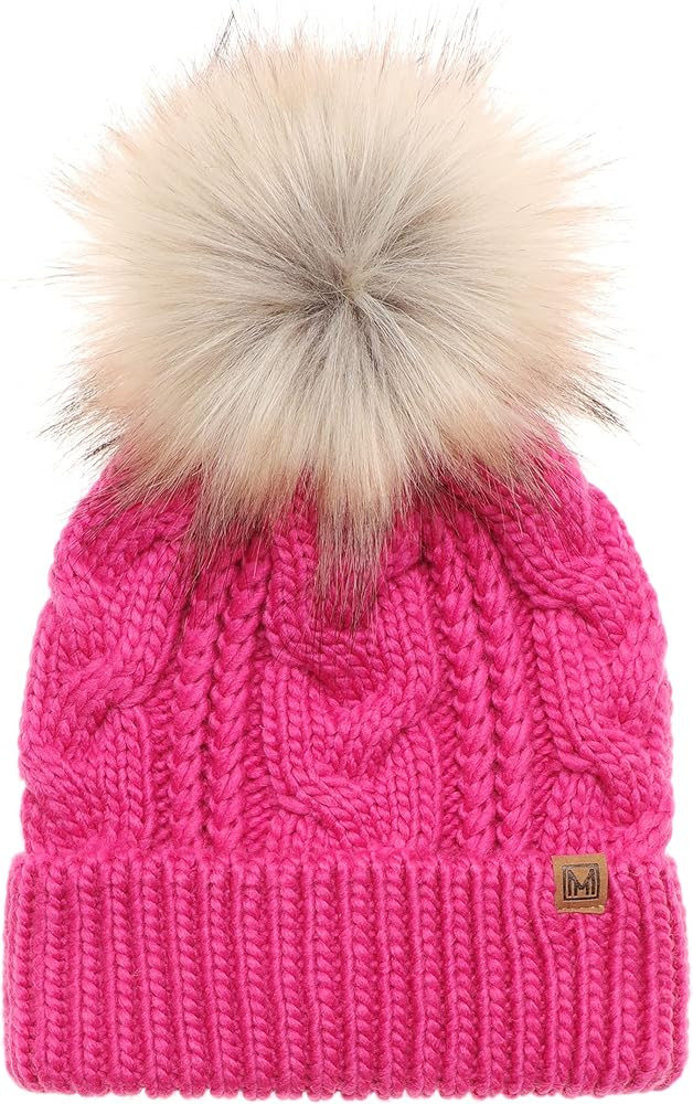 MIRMARU Kids Youth Boys & Girls Ages 7-12 Winter Thick Stretchy Cable Knitted Pom Pom Beanie Hat | Amazon (CA)