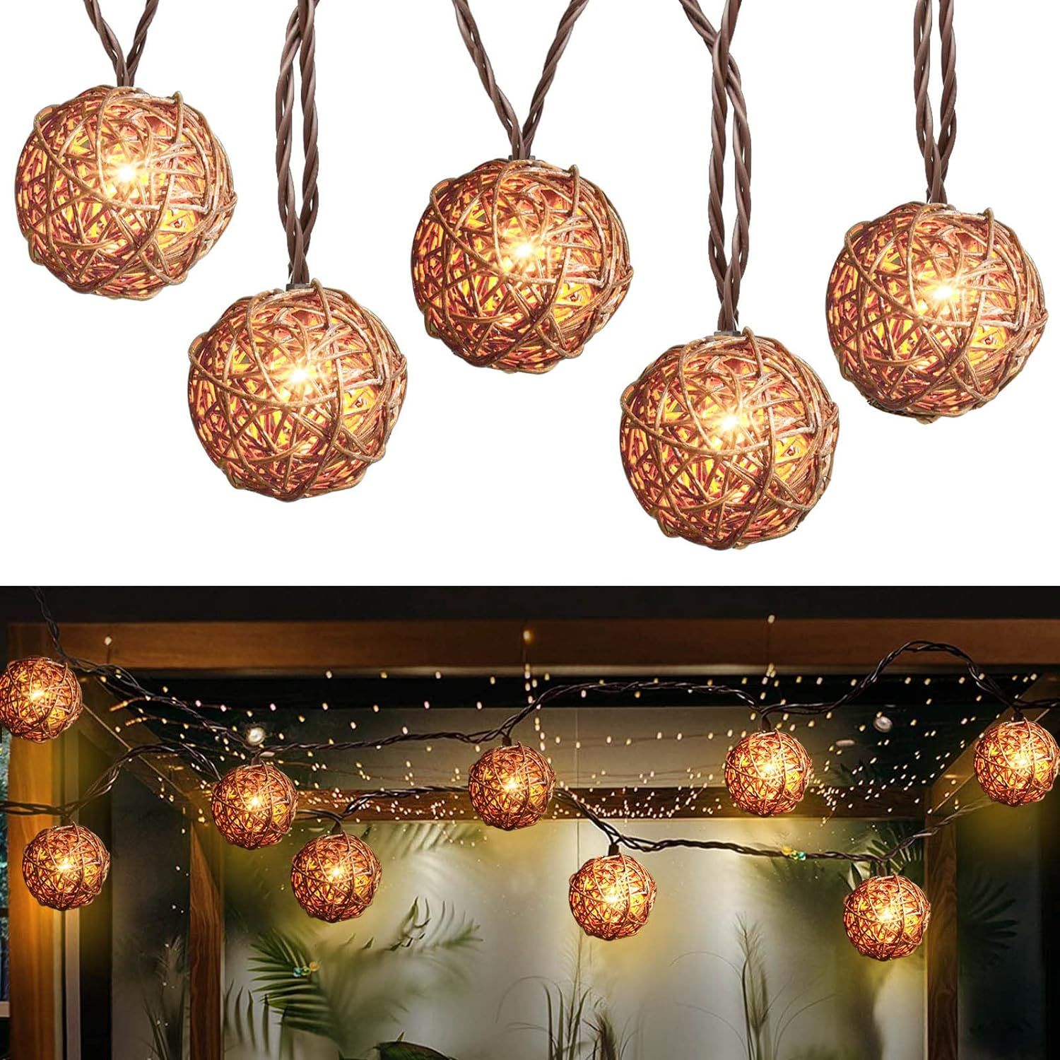 LIDORE Rattan Christmas String Lights, 10 Counts Mini Natural Globe Rattan Ball, Wicker Lights fo... | Amazon (US)