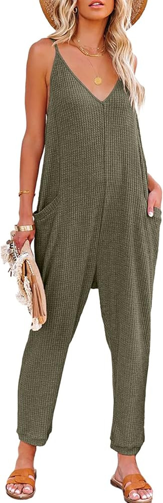 AlvaQ Jumpsuits for Women Casual Spring Clothes Sleeveless Loose Spaghetti Strap Overalls Jumpers... | Amazon (US)