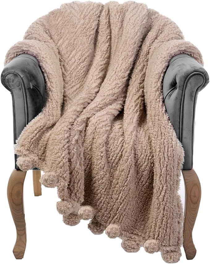 Throw Blanket for Couch - 60x80, Beige with Pom Poms - Fuzzy, Fluffy, Plush, Soft, Cozy, Warm Fle... | Amazon (US)