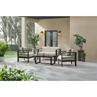 Kentwell Black 4-Piece Aluminum Outdoor Patio Deep Seating Set with Acrylic Beige Cushions | The Home Depot