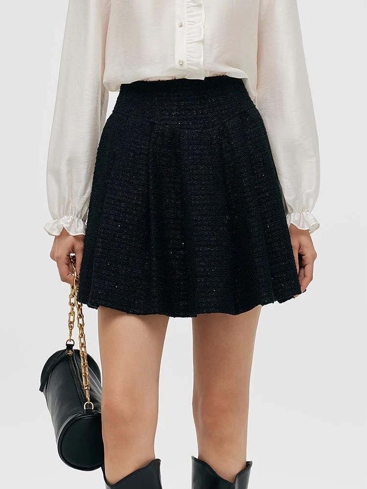 Tweed Sequins A-Line Pleated Women Skirt | GOELIA
