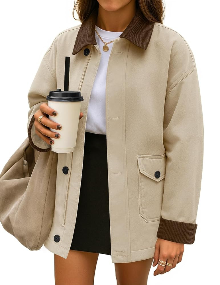 ZESICA Women's Lightweight Trendy Jackets 2025 fall Contrast Collar Button Down Cotton Oversized ... | Amazon (US)