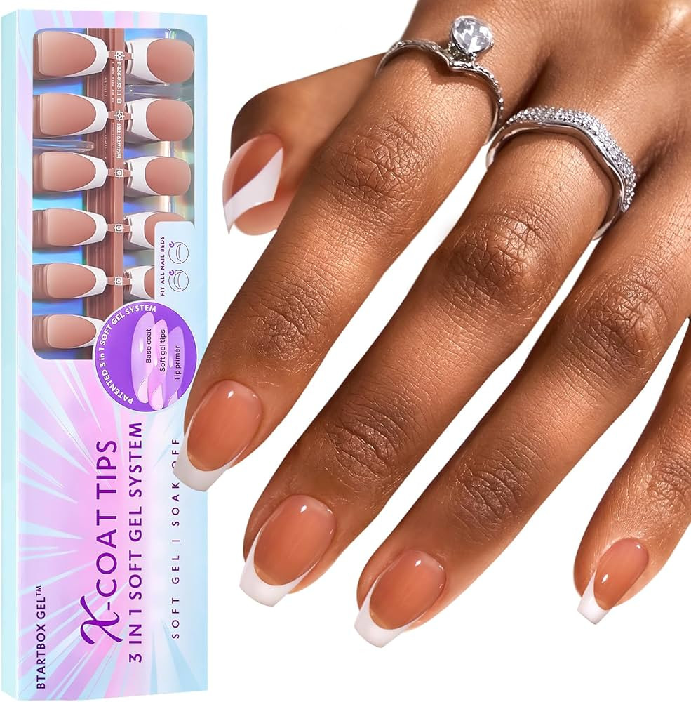 BTArtboxnails French Tip Press on Nails - Fake Nails Brown Short Coffin XCOATTIPS Pre-applied Tip... | Amazon (US)