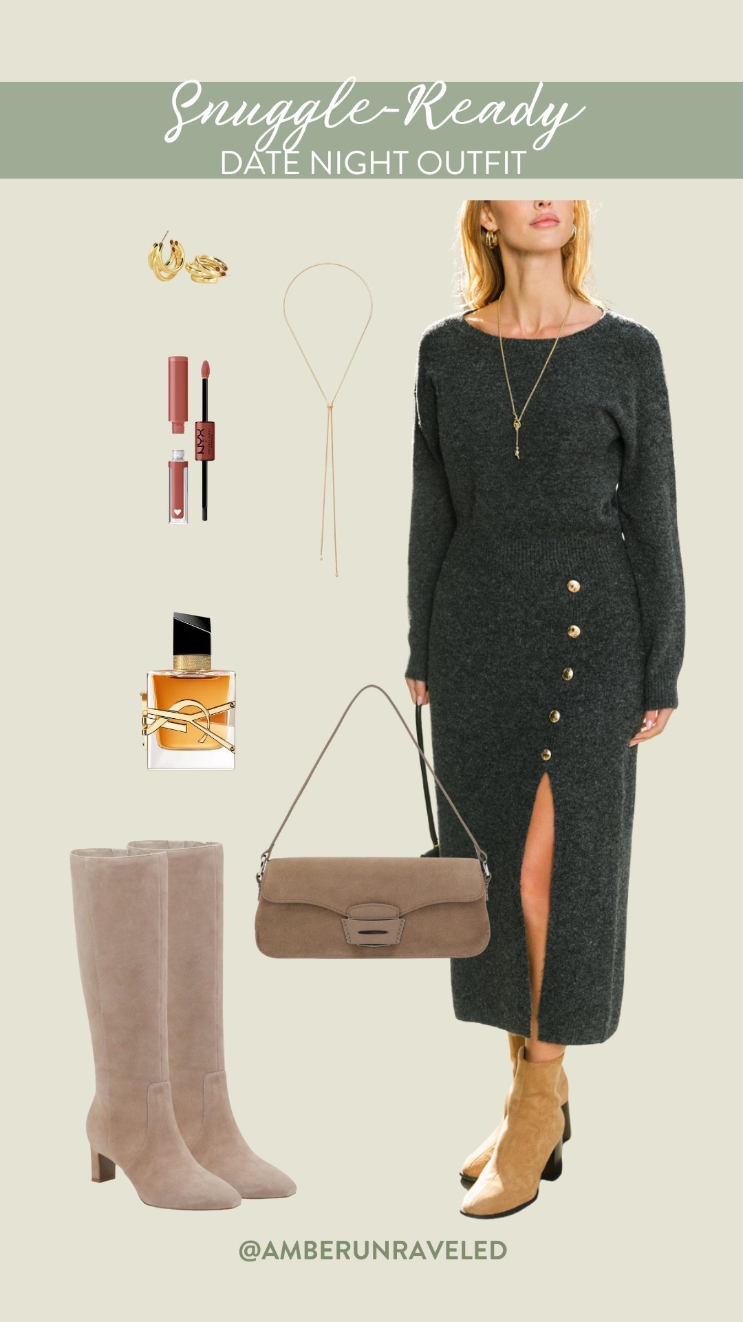 When you want to wow them and keep warm at the same time. That slit? Those buttons? You're going to feel confident and chic all night long in this sweater dress.

date night outfit, fall style, elevated basics, suede boots, knee high boots, luxe perfume, comfy casual, classy style

#LTKU #LTKSeasonal #LTKStyleTip