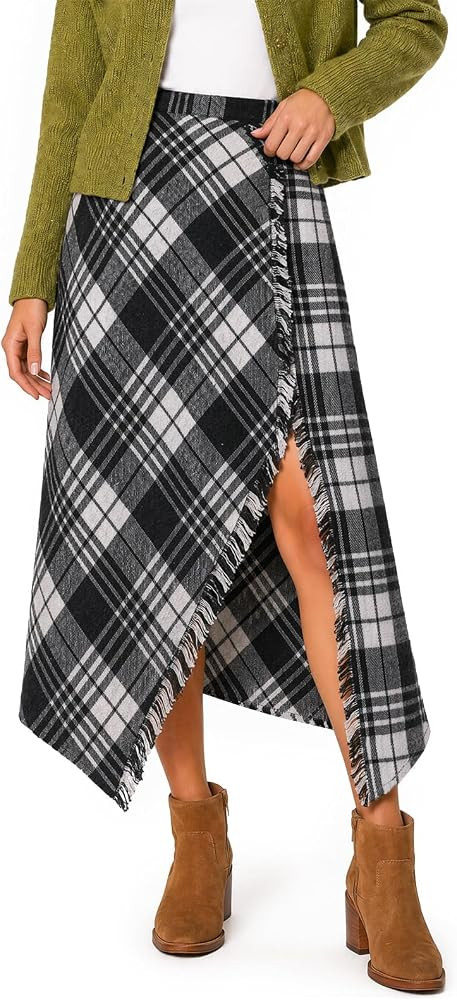 Yousify Plaid Skirts for Women Wrap Asymmetrical Hem Tartan Slit Midi Skirt | Amazon (US)