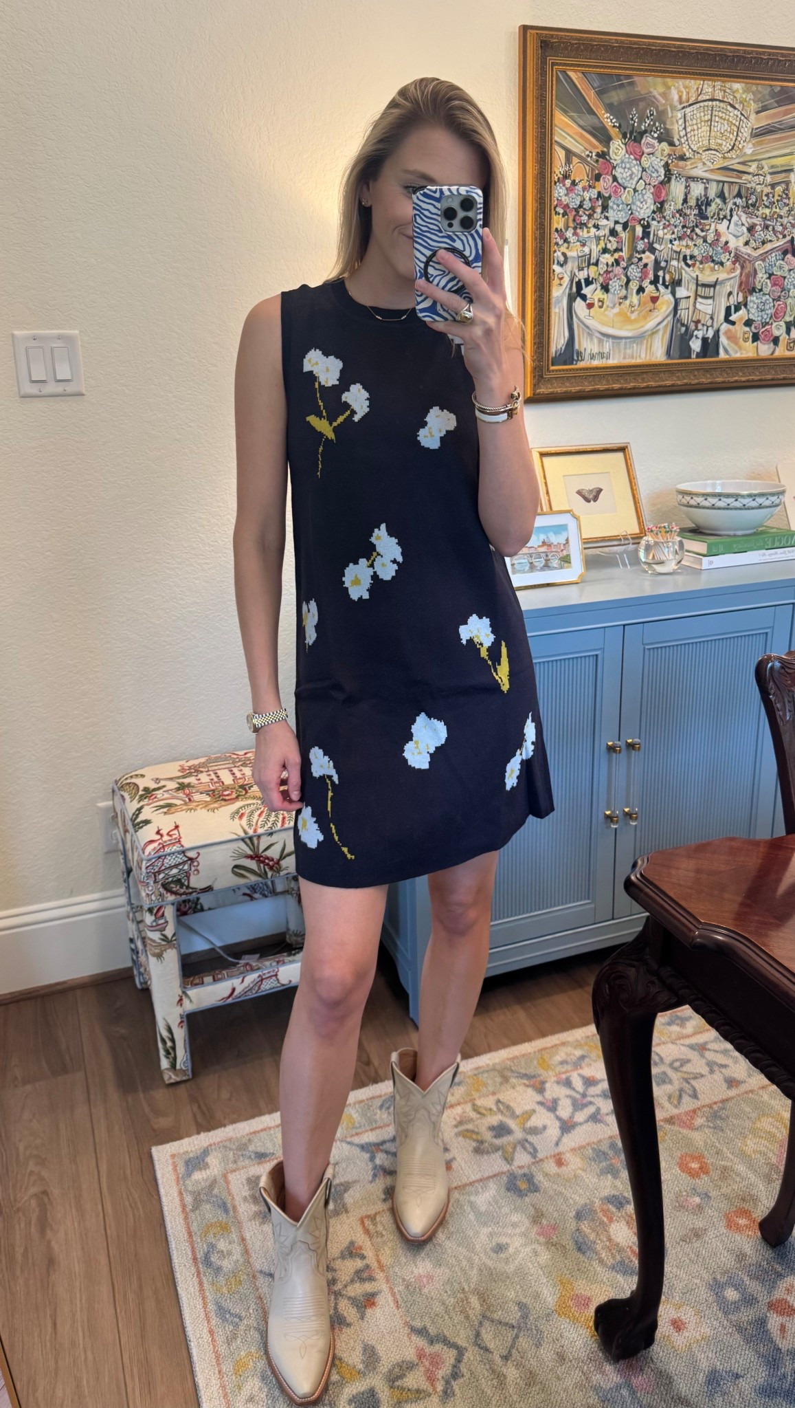 The $32 navy floral sweater dress is another favorite! A great fall dress especially in Texas! Wear with a variety of shoes. I'm wearing a small!  #walmartpartner