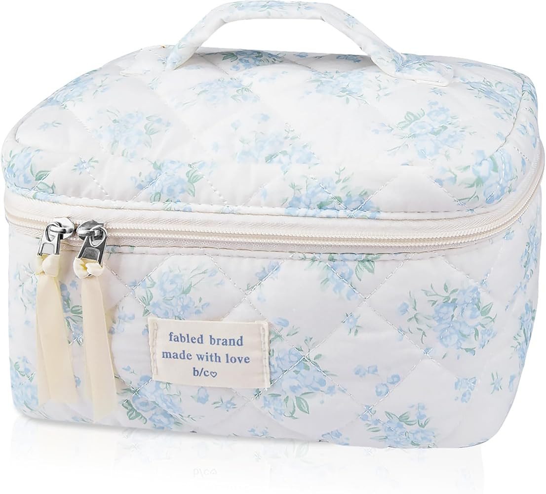 Large Travel Quilted Makeup Bag for Women,Big Floral Cotton Cosmetic Bag, Cute Coquette Aesthetic... | Amazon (US)