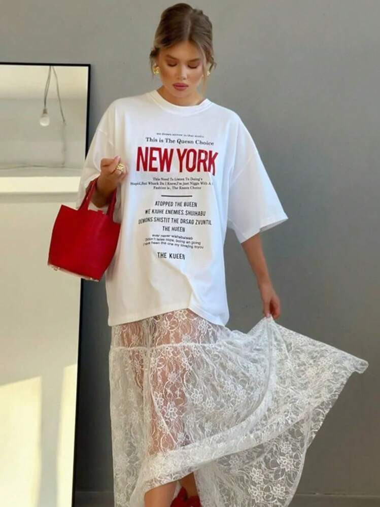 Women's Loose Lace Jacquard High Waist Skirt, Office/Casual, Spring/Summer | SHEIN