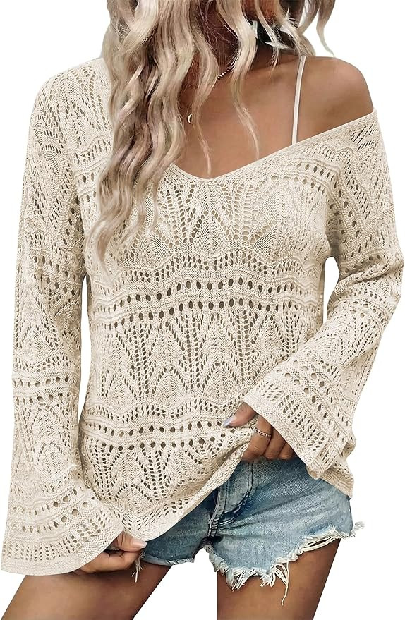 Cakulo Womens Summer Crochet Tops Boho Off Shoulder Sweaters Lightweight V Neck Loose Vacation Re... | Amazon (US)