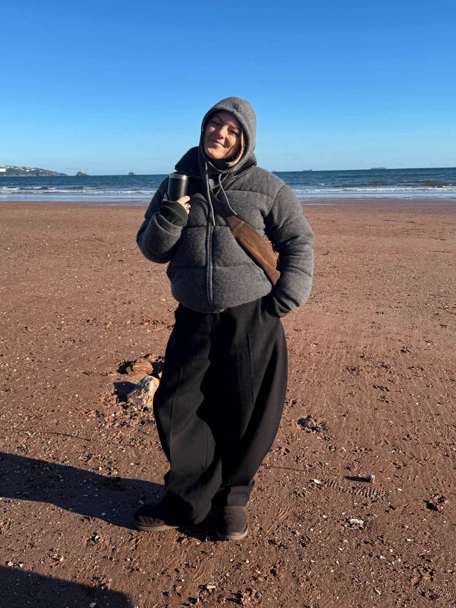 Jacket sold out but wearing a small. 
Trousers old raey but found an alternative from cos. 
Bag Arket 
Boots hush 
Snood H&M 
Jumper sezane mens - wearing a small 