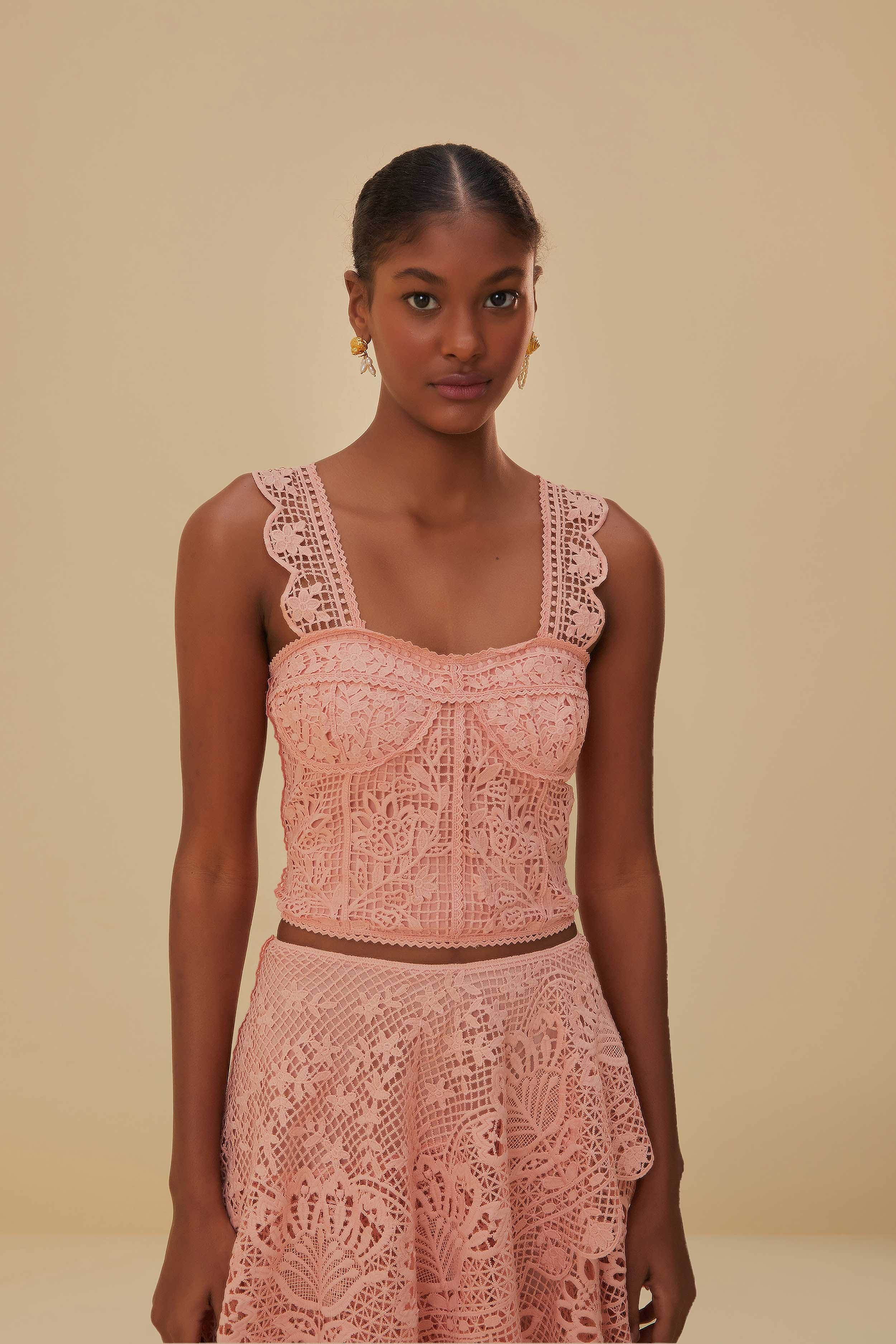 Light Pink Guipure Sleeveless Crop Top | FarmRio (US)