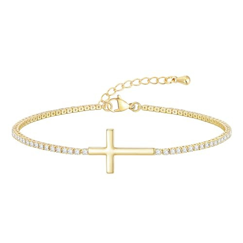 Gold Cross Bracelet for Women - 14k Gold Plated Cubic Zirconia Tennis Bracelet, Adjustable Danity Cross Charm Chain Trendy Jewelry Party Wedding Birthday Easter Religious Christian Gifts for Her | Amazon (US)