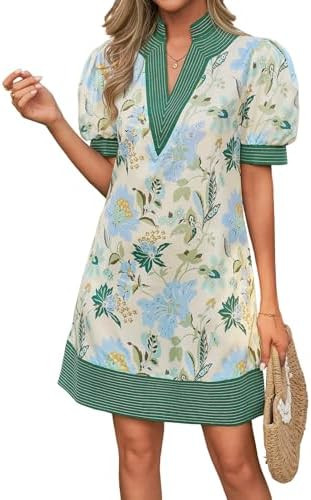 Wenrine Womens Summer V Neck Shift Dresses Casual Puff Short Sleeve Color Block Short Boho Beach ... | Amazon (US)