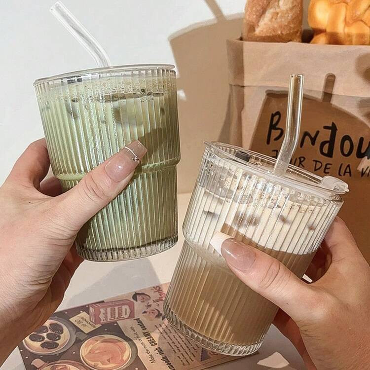 14 OZ Glass Cups With Lids And Straws Iced Coffee Cups With Lids Clear Ribbed Glassware Glass Tumbler For Coffee Smoothie Cocktail Ice Tea | SHEIN