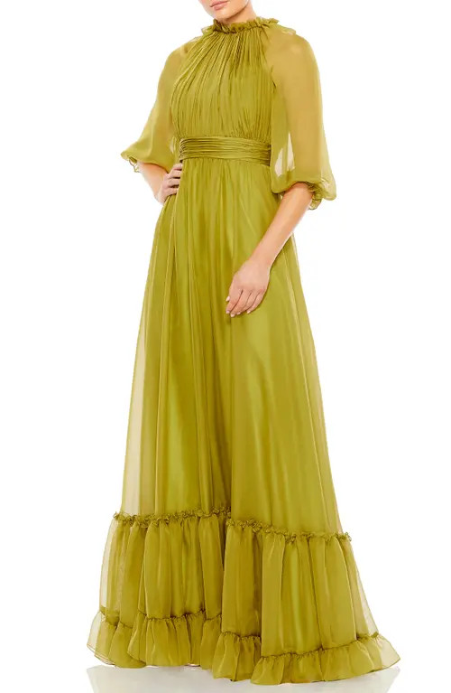 Mac Duggal Illusion Sleeve Gathered Chiffon A-Line Gown in Olive at Nordstrom, Size 12 | Nordstrom