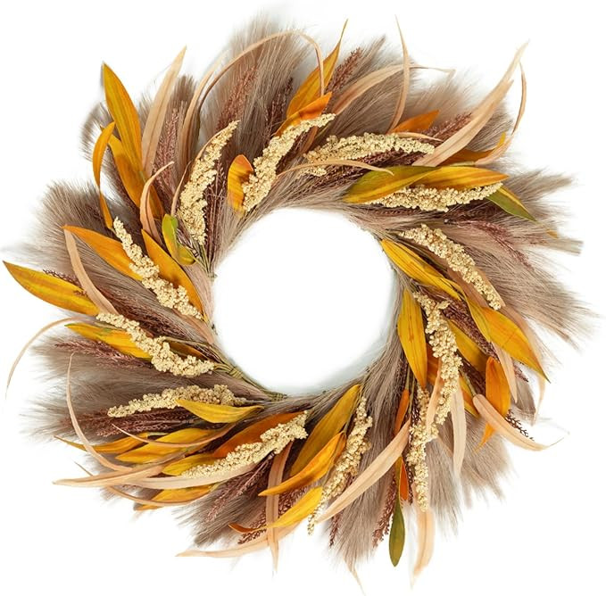 Fall Wreath 22-24inch Autumn Door Wreath with Yellow Leaves, Light Brown Reeds,Beige Wheat Ears f... | Amazon (US)