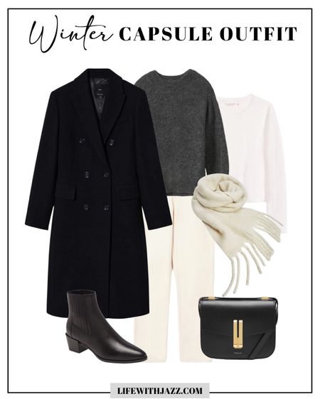 Black and white winter capsule outfit 

Long wool coat 
White straight leg jeans 
Layering long sleeve 
Winter scarf 
Leather tote 
Waterproof booties 

Minimalist outfit / capsule wardrobe 

#LTKtravel #LTKworkwear #LTKunder100
