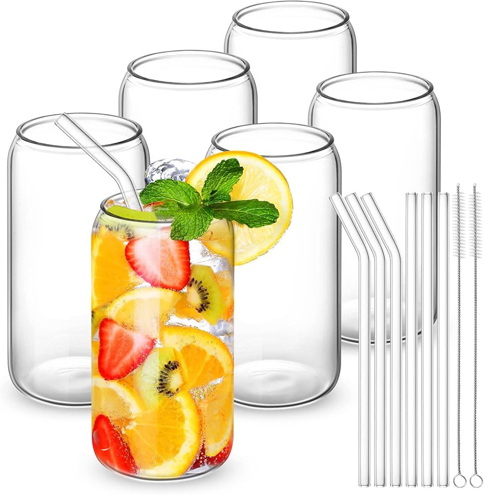 CWHHRN Drinking Glasses with Glass Straw 6 Set, 16oz Beer Glasses Glass Cups, Tumbler Cup, Iced C... | Amazon (US)