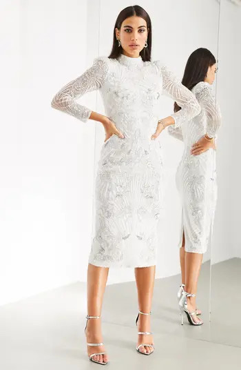 ASOS DESIGN Imitation Pearl Long Sleeve Midi Dress | Nordstrom | Nordstrom