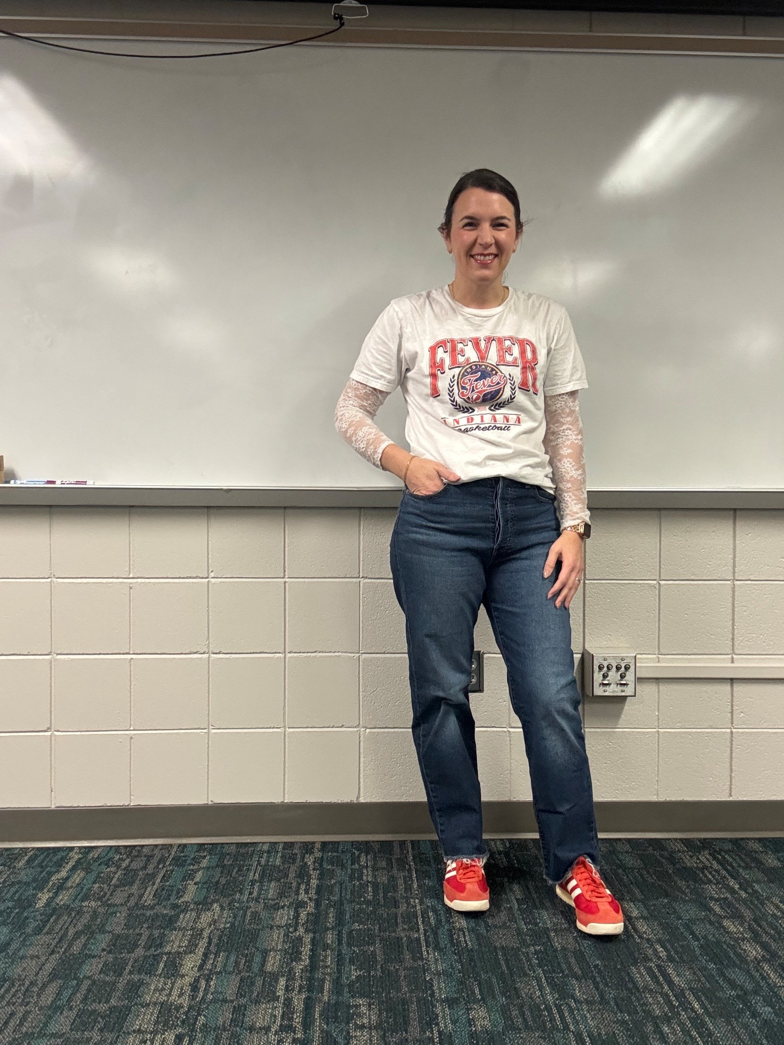 Casual Friday. Adding some fun with a lace layer and red sneakers and my Indiana Fever tee