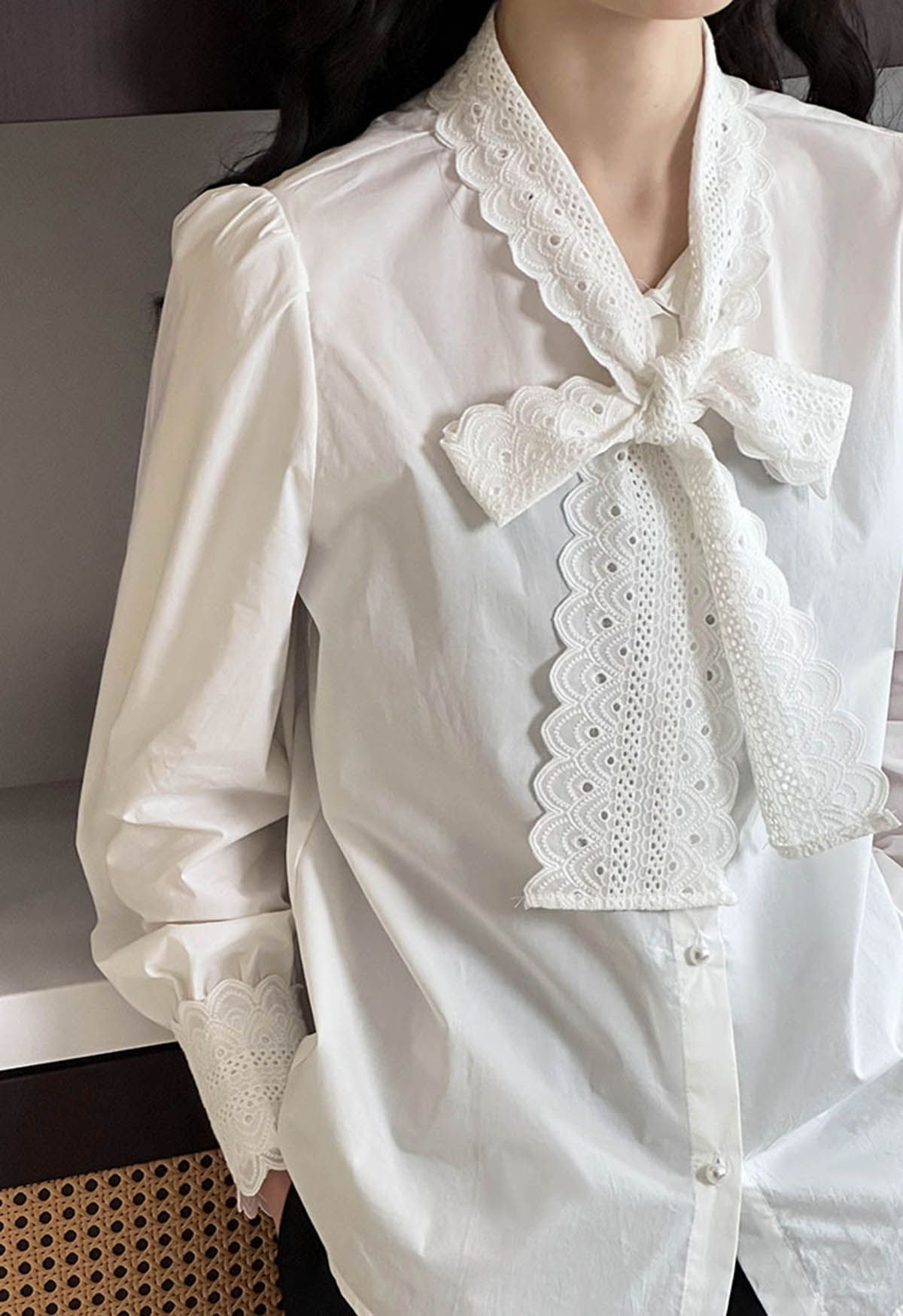 Embroidered Eyelet Bowknot Puff Sleeves Shirt | Chicwish