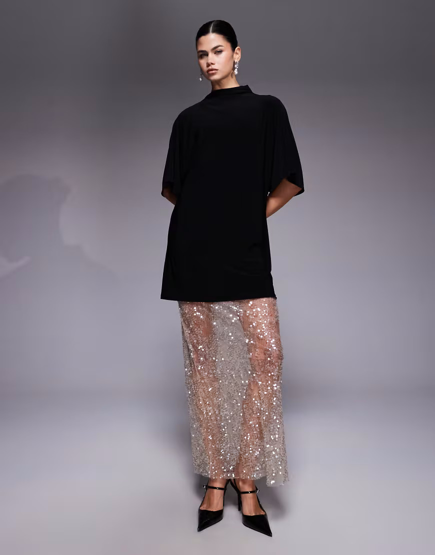 ASOS DESIGN – 2-in-1-Maxikleid in Champagner mit kurzärmligem T-Shirt-Oberteil und paillettenbesetztem Spitzenrock-Bunt | ASOS (Global)