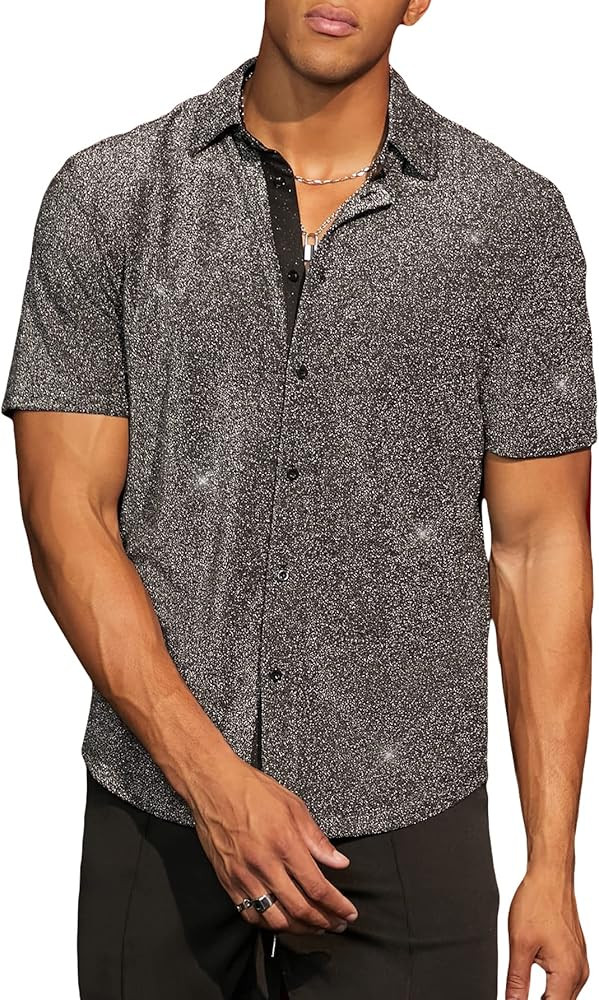 Verdusa Men's Glitter Button Down Shirt Short Sleeve Tops | Amazon (US)