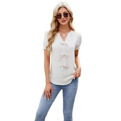 Coolmee Womens Dressy Casual Shirt Summer Work Blouses Bow Tie Front Short Sleeve Tops S Light Khaki | Target