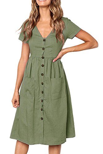 Boosouly Women's Summer Short Sleeve V Neck Button Down Casual Midi Dress with Pockets | Amazon (US)