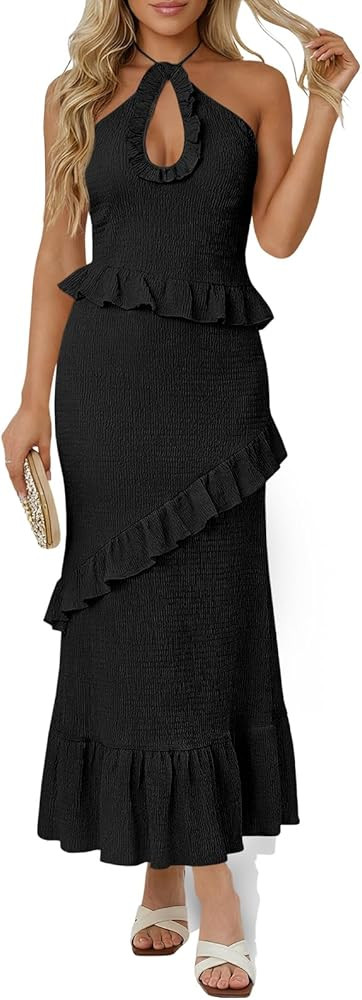 Wenrine Womens Sexy Halter Maxi Dress Cutout Sleeveless Ruffle Tassel Backless Party Club Summer ... | Amazon (US)