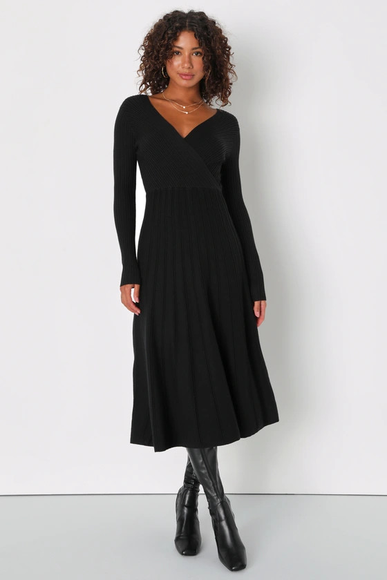 Cozy Inspiration Black Ribbed Skater Midi Sweater Dress | Lulus (US)