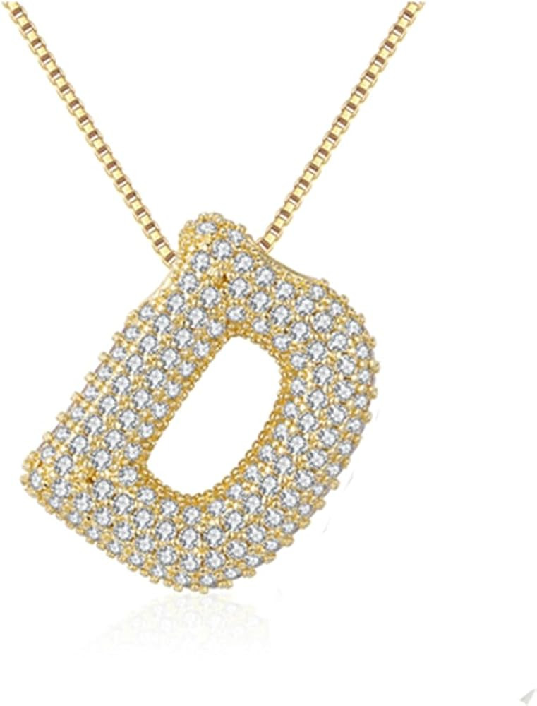 Bubble Letter Necklace Gold for Women，Charm Balloon Initial Letter Pendant Zirconia Inlaid Neck... | Amazon (US)