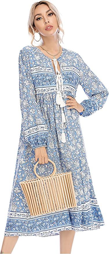 R.Vivimos Women's Long Sleeve Floral Print Retro V Neck Tassel Bohemian Midi Dresses | Amazon (US)