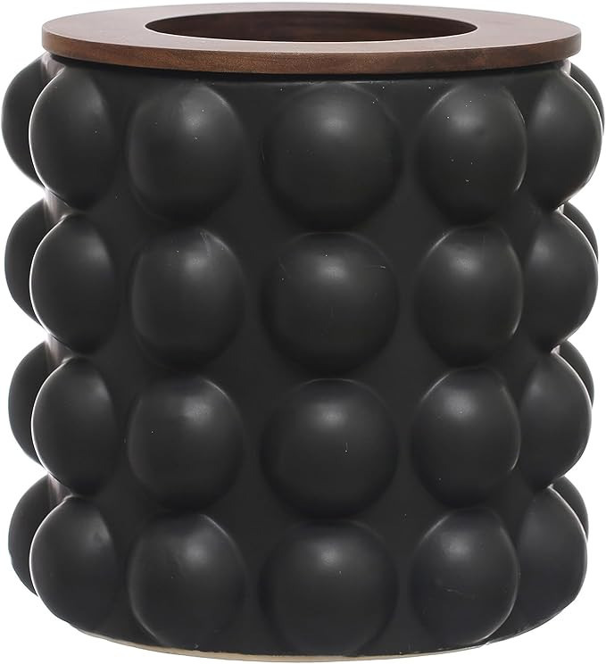 Creative Co-Op Round Stoneware Waste Raised Dots and Removable Acacia Wood Rim, Matte Black and N... | Amazon (US)