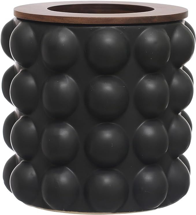 Creative Co-Op Round Stoneware Waste Raised Dots and Removable Acacia Wood Rim, Matte Black and N... | Amazon (US)