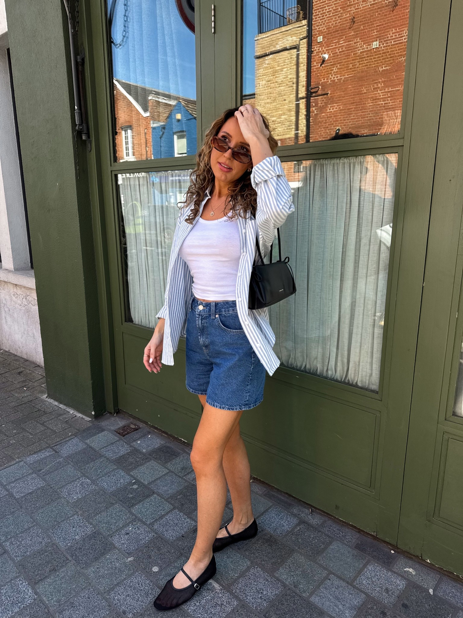 24 degrees in London coded outfit 🌞 These denim dad shorts are such a perfect length for summer. I love them layered with a simple white tank top and blue striped cotton shirt which is just £12 from Primark! These mesh ballet flats are so comfortable and a great alternative to sandals. 

#LTKspring #LTKstyletip #LTKuk
