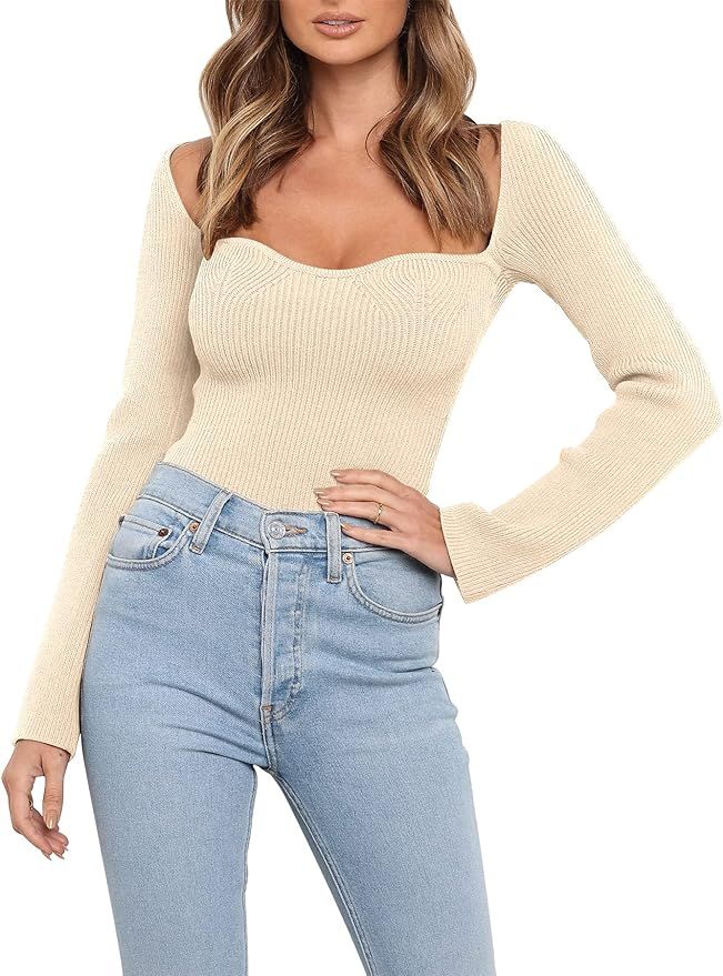 ANRABESS Womens Long Sleeve Sweetheart Neck Stretch Ribbed Knit Slim Fit Solid Crop Sweater Top | Amazon (US)