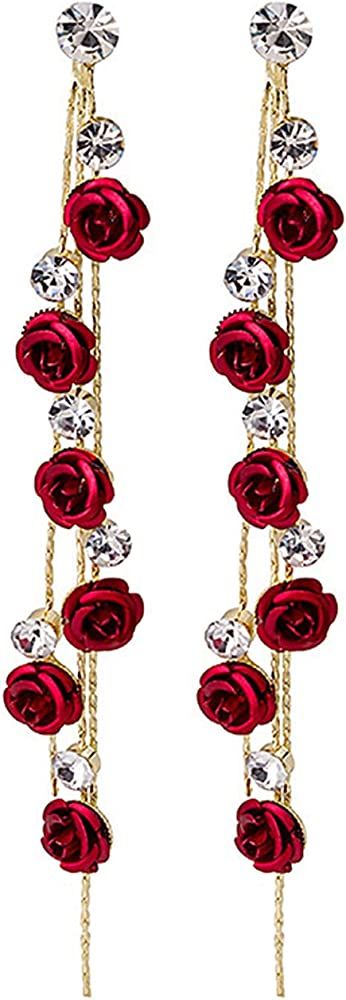 Just Follow 3D Rose Flower Crystal Long Tassel Drop Earrings for Women CZ Rhinestone Rose Fashion Pu | Amazon (US)