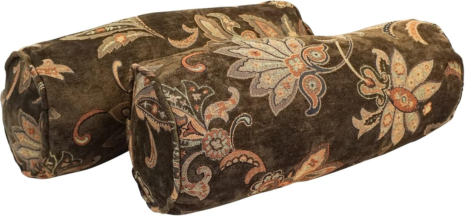 Blazing Needles Corded Jacquard Chenille Bolster Pillow, 20" x 8", Brown Floral, 2 Count | Amazon (US)